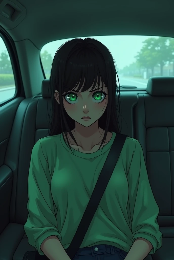 a scared green-eyed teenage girl in the back seats of a driverless car 