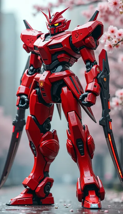 Design a futuristic combat robot inspired by Japan, standing 1.90 meters tall. The robot features sleek, modern armor with red and white as its primary colors, symbolizing the Japanese flag. It has katana-inspired blades integrated into its arms and glowin...