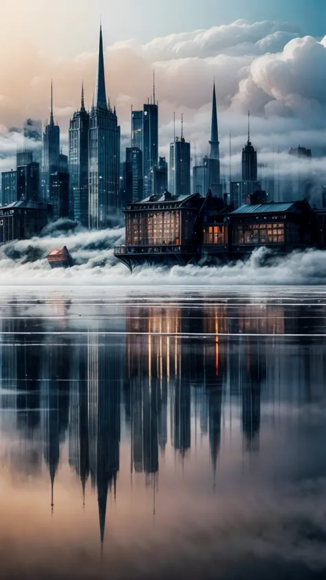 masterpiece, best quality, water, city, reflection of city, ((fog:1.3))