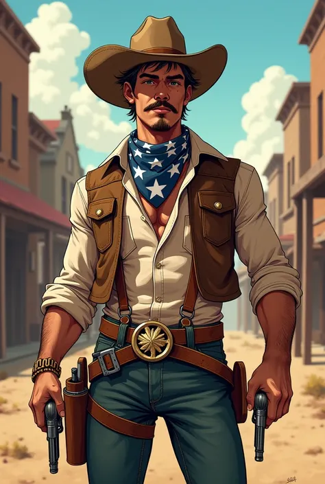 Hey meta could you make me the image of a 21-year-old American cowboy known as the magnificent boy  ,  that I am not a very thin boy with a milk mustache , with freckles on the cheeks ,Without so much beard and comic style and the bandana is the flag of th...