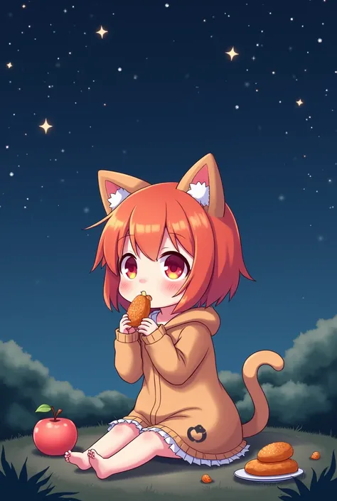 girl, anime, tiny, beautiful, Chibi, two-length bonded haired,hair color Orange , red eyes,  dressed in a cat jacket . 
 Eating at night while looking at stars in the sky. 