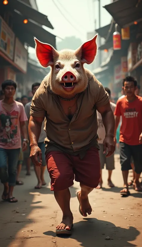 illustration of an Indonesian man with a pigs head and fangs, but a human body walking in the market with a fierce expression. The people around him show expressions of disgust, fear and ridicule, creating a very emotional and tense atmosphere, background ...