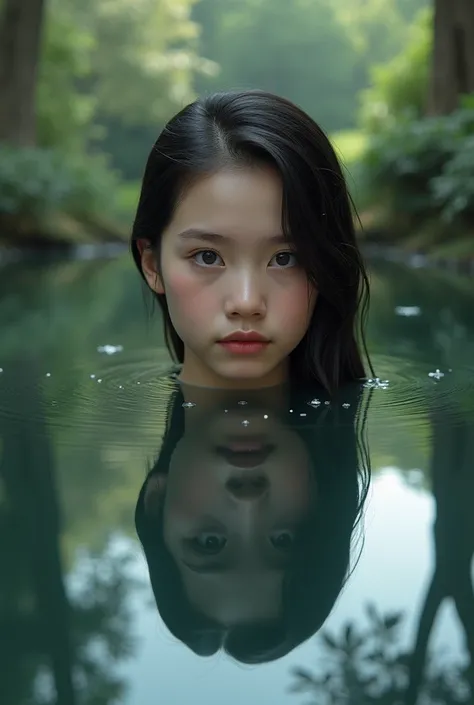 The face of a person reflected in the water of a lake