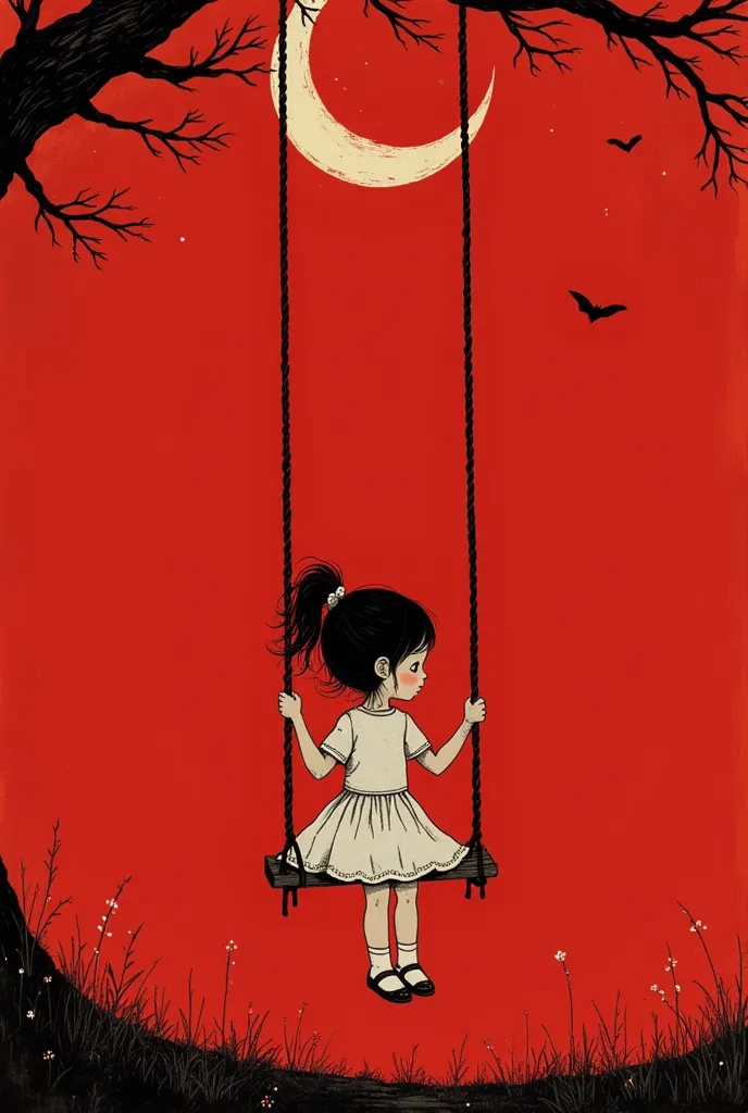 in the style of stephen gammell, dark scarlet background, minimal natural colors, (animation. girl on a swing tied to a crescent...