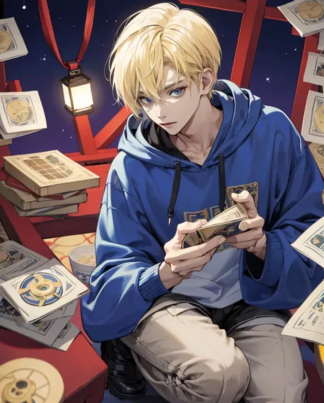 blond boy with bob hair、Fortune telling、 wearing a hoodie、タロットカードでFortune tellingをしている