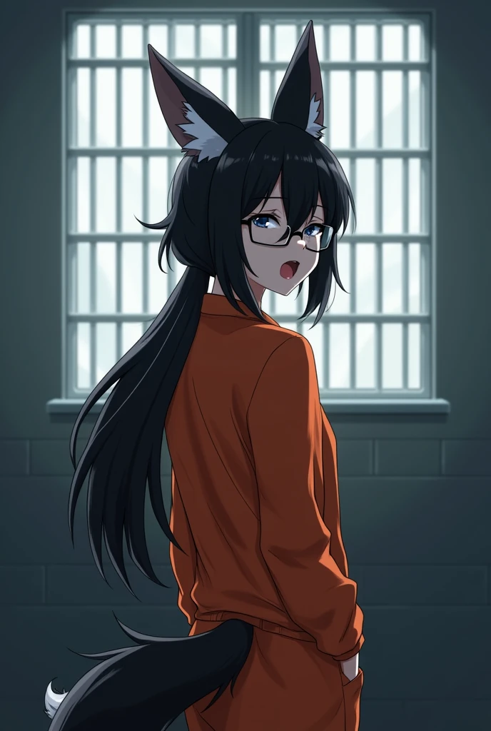 A prisoner fox female, Long black hair with a ponytail, Black fox ears, Black fox tail, No human ears, Wear glasses and close her eyes, Orange jumpsuit, she standing and howling alone, cell window, inmate, Daytime, anime style