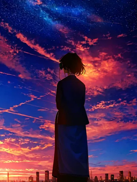 masterpiece、High definition、sunset、City、cityscape、cloud、woman、back view、beautiful starry sky、look up at the sky、The wind is blowing、Wide sky、headphones