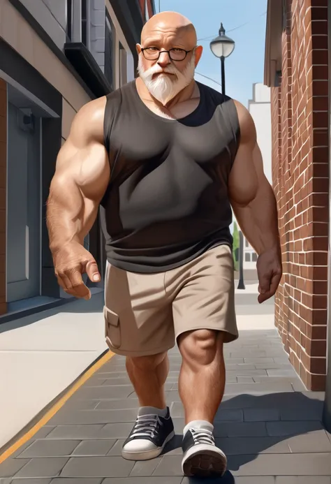 realistic, super realistic, hyperrealistic, photorealistic, solo, 1boy, Muscular Old man, bald, wide shoulder, no beard, beardless, clean face, pectoral, thick arms, huge pectoral, wide pectoral, street, sidewalk, detailed eyes, shorts, black tshirt, glass...