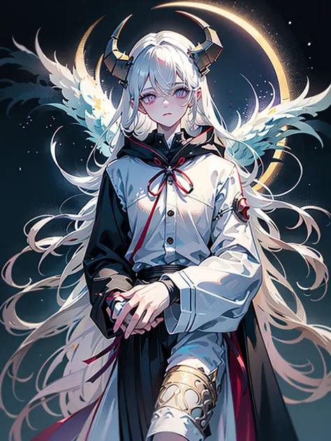 Lonely boy.  thoughtful look . open forehead .  art.  white hair.  BRAIDED ON ONE SIDE .  winding horns wrapped in ribbon.  black and purple eyes .  snow-white cloak with hood .  white shorts .  white t-shirt. STOCKING . stone walls moonlight on a winter n...