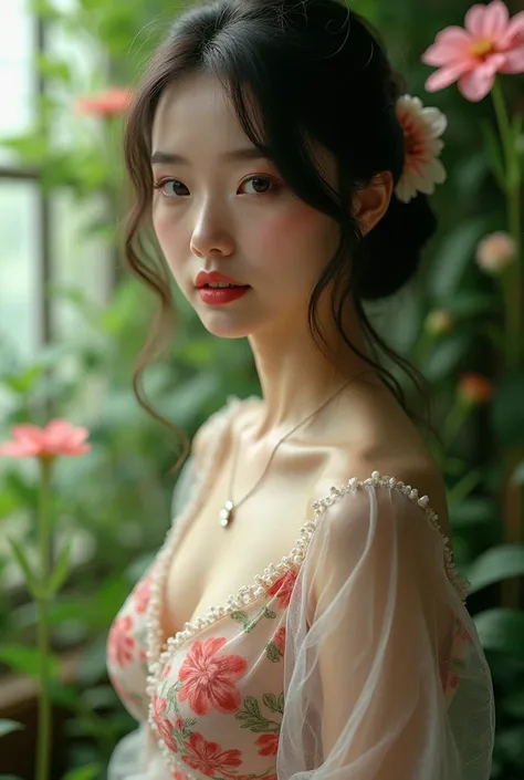 In a lush indoor garden、A Japanese woman is wearing a floral sheer top、A close-up of her breasts and soft flowers in the background、Creating harmony between nature and beauty。