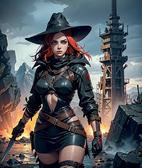 Witcher woman with an primitive cloths design in a post-apocalyptic world.  The outfit is predominantly black.  The outfit broken and primitive.  A witcher hat.  Her shapes fill her outfit.  She hase in her hands a primitive black stone knife.  In the back...