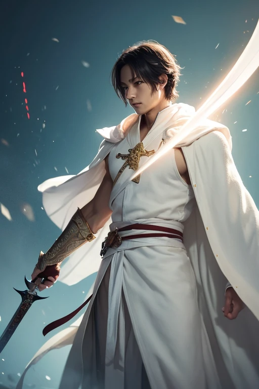 Arafed image of a man wearing a white robe and holding a sword, Jan J, Sosei, By Tang Yifen, Li Song, Gwaiz on pixiv artstation,  Beautiful Character Pictures , Gwaiz on artstation pixiv, artwork in the style of Gwaiz, Gwaiz, By Wujun Shifan