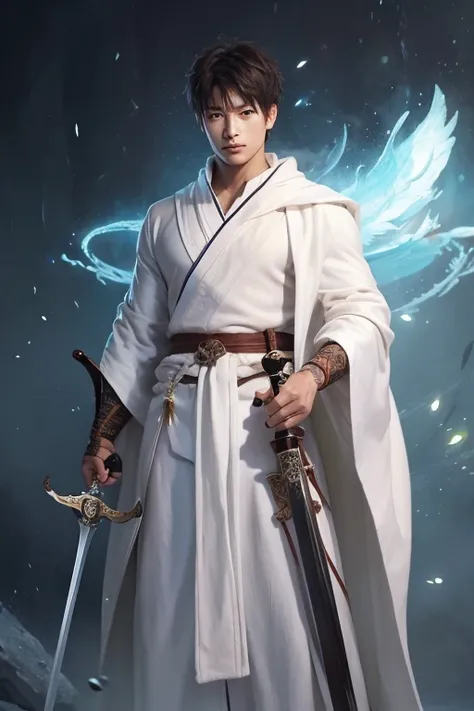 Arafed image of a man wearing a white robe and holding a sword, Jan J, Sosei, By Tang Yifen, Li Song, Gwaiz on pixiv artstation,  Beautiful Character Pictures , Gwaiz on artstation pixiv, artwork in the style of Gwaiz, Gwaiz, By Wujun Shifan