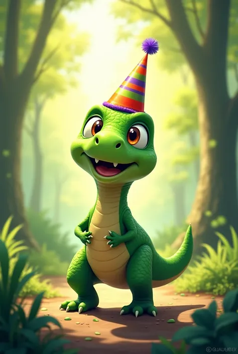 A vibrant cover illustration featuring a small, cheerful dinosaur with bright green scales and big, excited eyes, wearing a colorful birthday hat, standing happily in a sunlit forest. 