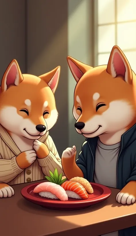 Realistic. Photorealistic. Image is vibrantly colored.
photo,Highly detailed,Realistic.,Realistic.

Two shiba puppies, eating sushi, restaurant setting, warm lighting,

This photo depicts two dogs enjoying sushi together and using their hands to eat sushi....