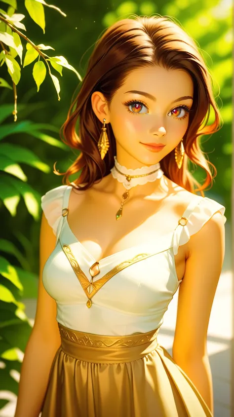  anime style ,  young woman with a delicate face , soft and harmonious .  She has a slender and athletic body ,  with beige skin and a natural glow .  His hair is dark brown , smooth,  of medium length ,  with slightly lighter tips ,  and a slightly untidy...