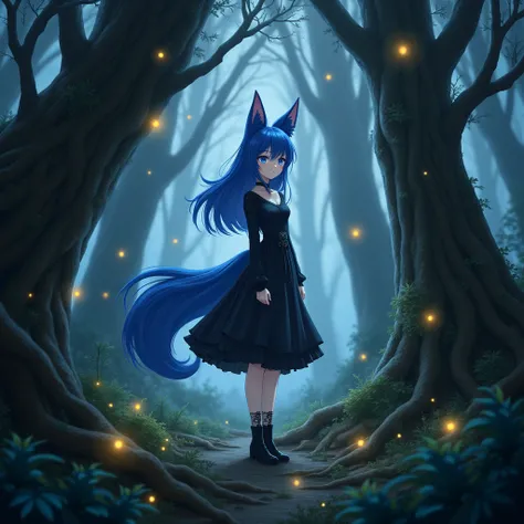 Young woman with blue fox ears and tail in a realistic anime gothic forest