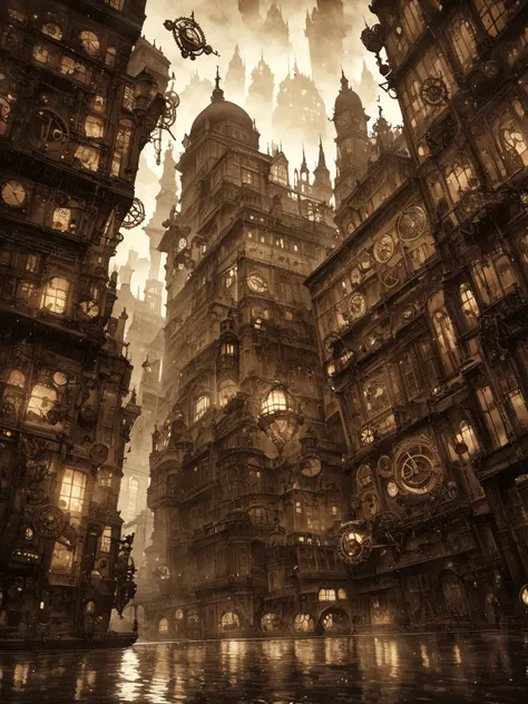 (masterpiece, best quality, very aesthetic, absurdres), steampunk city skyline reflected in water, modern skyscrapers above with Victorian-era architecture below, brass gears and clockwork mechanisms visible, steam-powered airships floating in the sky, int...