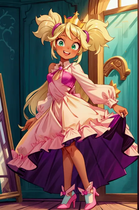 (Masterpiece, best quality) 1 girl, standing indoors with intricate details and sunlight, magenta and white frilled dress with short neckline, purple high heel shoes, crown in head, blonde long  hair, two ponytails, green eyes, blue, dark brown skin, sexy ...