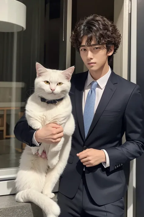 Man in his early 20s, weak eyed, cat hair perm, tall, handsome suit, wife