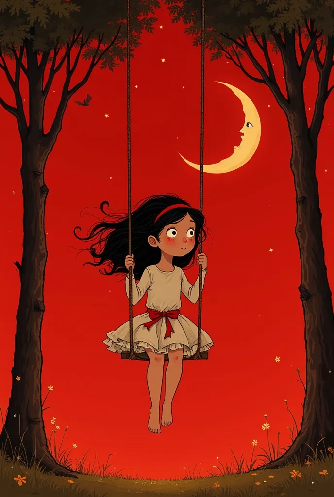 in the style of stephen gammell, dark scarlet background, minimal natural colors, (animation. girl on a swing tied to a crescent...