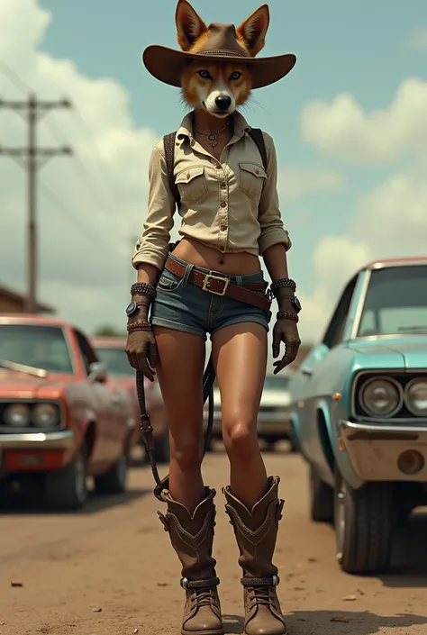 Dog woman body face legs cowboy get up background cars