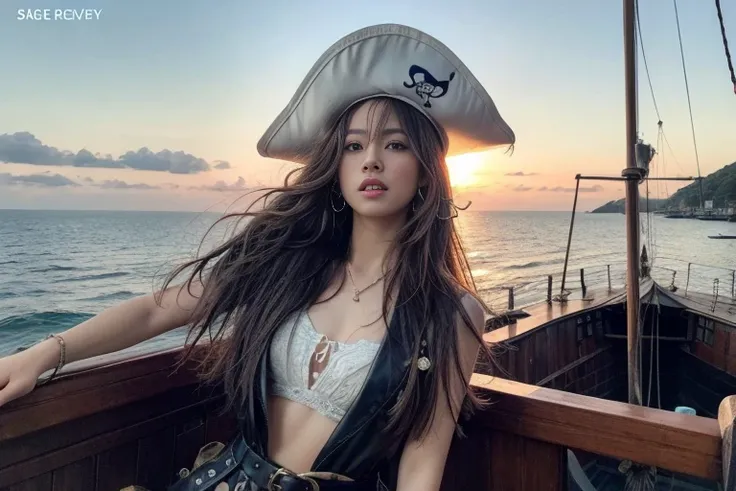 2025 calendar cover, 20-year-old super beautiful Japanese female pirate , Beautiful female pirate standing on the deck of an old sailboat pirate ship。 pictures of super beautiful and cute Japanese female pirates that are big hits around the world。名作で有名な巨匠の...