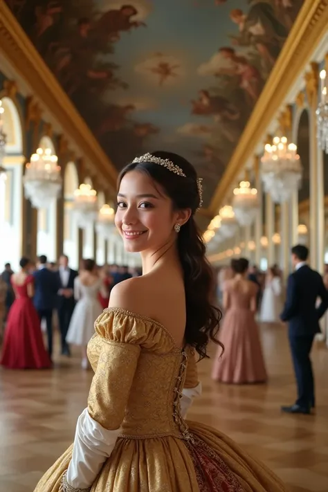 A grand ballroom located in a palace from the late Baroque or early Classical period (approximately 1760–1780), possibly in Versailles, France. The magnificent interior is adorned with massive crystal chandeliers reflecting soft light in the mirrors lining...