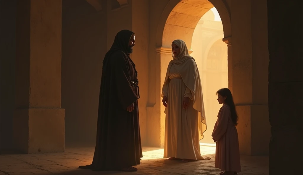 In an intimate and emotional moment, Sarah speaks to Prophet Ibrahim with sincerity and resolve. Hajar stands humbly beside her, looking honored yet slightly nervous. The room is bathed in warm light, symbolizing Sarah’s noble sacrifice and trust in Allah’...