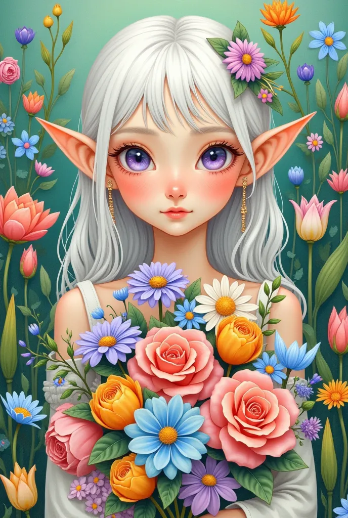 1girl,acrylic paint (medium),animal,art nouveau,artist name,blue flower,bouquet,bunny,camellia,closed eyes,clover,daisy,dandelion,earrings,eyelashes,field,flower,flower field,green background,green flower,holding,holding bouquet,holding flower,hydrangea,je...