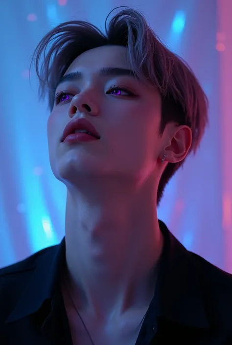 male,  ashy hair, purple eyes ,  good-looking, Sleek and sharp eyes, male idol, stage, black shirt, white skin, Relaxed look , Sleepy and sexy , Double eyelids, Vague, Light eyebrows