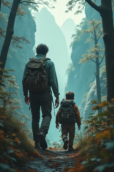 a dark-haired, tall man, with his brown-haired son (boy), , and five feet tall, adventuring