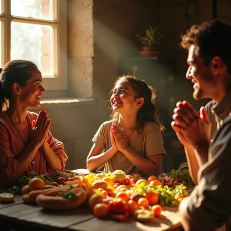 A hyper-realistic, ultra-detailed 8K close-up of a humble family in a heartwarming moment, sitting around a table overflowing with vibrant, freshly prepared food. Their faces radiate pure joy and gratitude, illuminated by warm, golden sunlight streaming th...