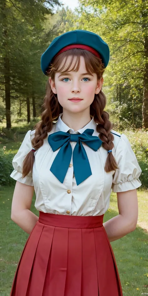 (best quality,4k,8k,highres,masterpiece:1.2),ultra-detailed,(realistic,photorealistic,photo-realistic:1.37), ((deutschland, mittelalter, nebliger bergwald, a young school girl, she wears uniform, skirt, solo, shy)), ((very large bust size for her young age...