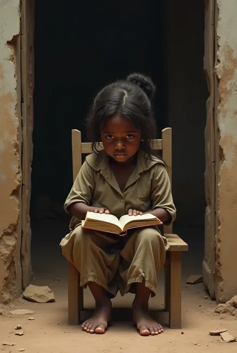 girl from Africa in extreme poverty sitting in a chair ,  looking at a book with sadness where the context is shown