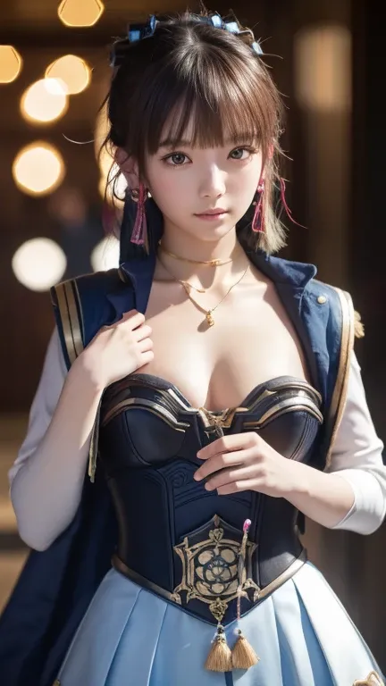 best quality, masterpiece, highres, 1girl, kamisato ayaka from genshin impact,hair ornament,necklace, jewelry,Beautiful face,cute,upon_body, breast curtain, cute girls, tyndall effect,photorealistic, dark studio, rim lighting, two tone lighting, front view...