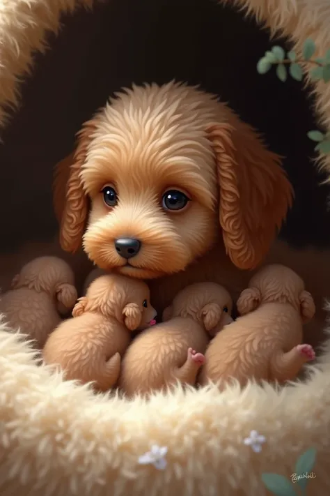 Picture of a cavapoo mother nursing her ren 