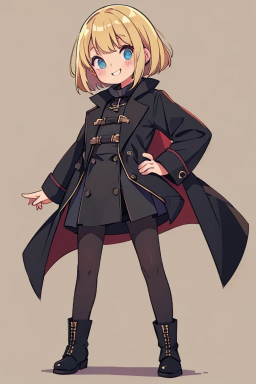  blond woman、Bob Hair、 black pantyhose 、 Long Coat 、 black miniskirt 、smile、boots and accessories、Keep one&#39;s knees、 blue eyes, Droopy eyes,  eyes sparkle,  Bright Eyes 