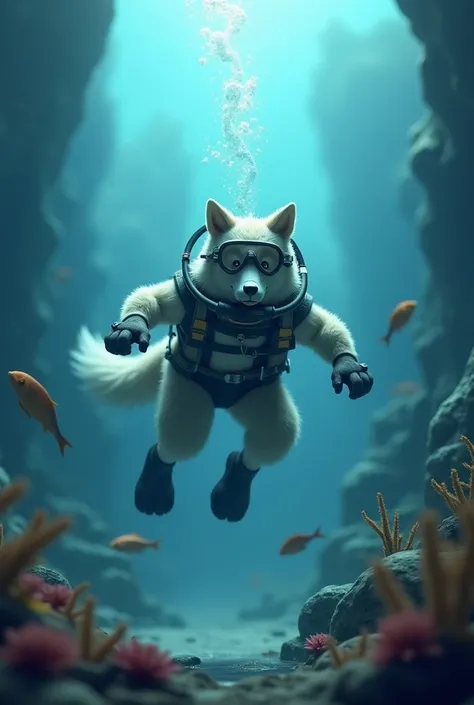 Deep sea background，A 3D ，Wear a diving mask，Kindly ， slightly muscular furry wolf is diving