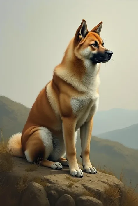 Oil painting, Akita dog sadly waiting for his owner on the hill, his back half made of stone