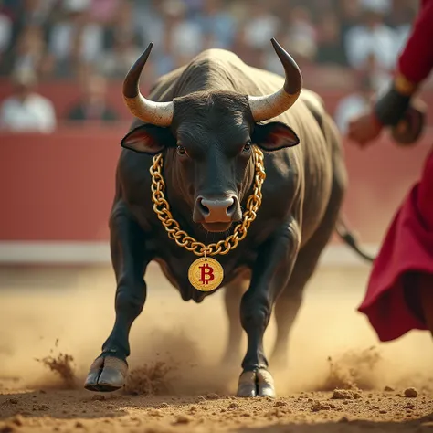 A bull with a bitcoin necklace around his neck hurling toward the bullfighter