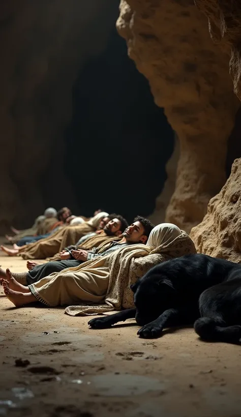 (photorealism:1.2), 7 orang pria, usia 20 tahun,  dressed in 6th century jewish style without head covering, sleeping on the ground ,  set of cave room background , 1 large black dog sleeps next to them, the night,  image in cinematic zoom .