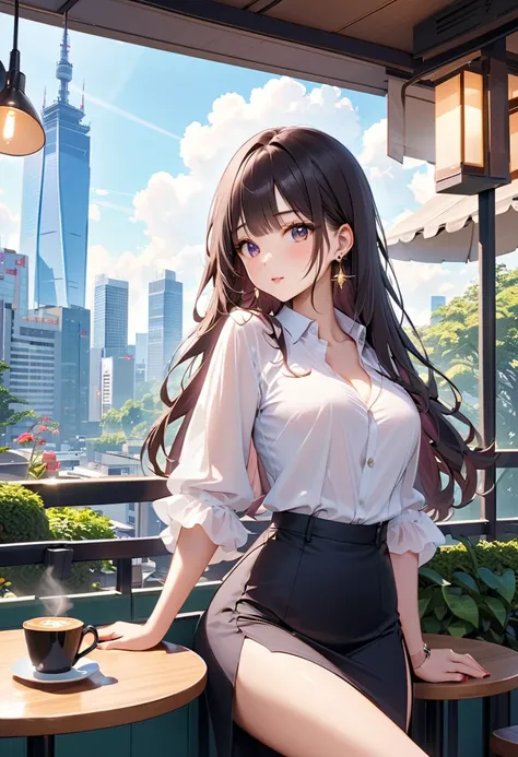  best quality,  amazing,delicate,  super detailed, beautiful, 8k ,  1 girl,  Black Long Hair ,Business shirts,  earrings for a woman alone, Outdoor,  bright 、Married Woman,sunlight、Clear skies、Cafes in Tokyo、Skyscrapers in the background、bewitching、coquett...