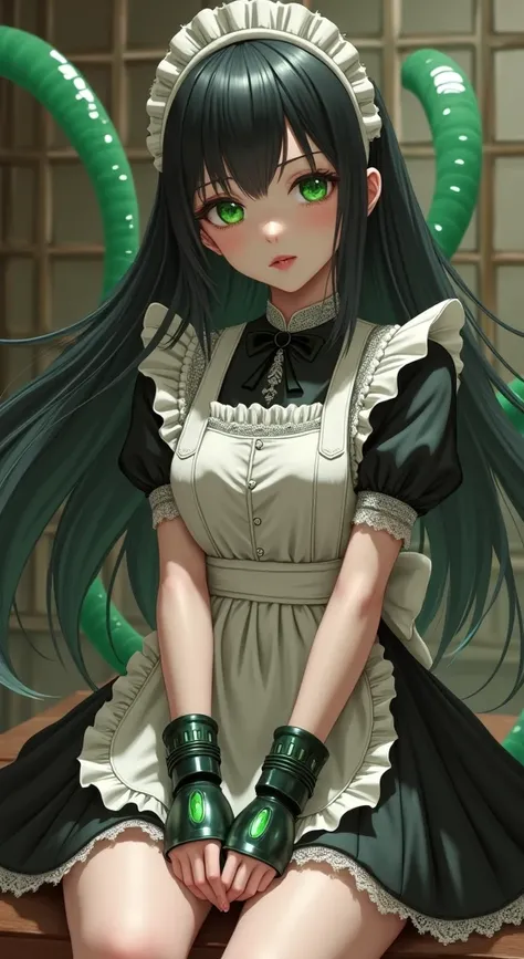  high definition ,  sharp concentration, pixiv masterpiece, (( intricate detail dealing with 3 tentacles)),  very detailed, Yuri Alpha,  1 girl,  black hair, (Green wristband, Green Gauntlets, Cutting Edge,:1.1) Glasses, Green Eyes, Maid,  Single Hair Bang...