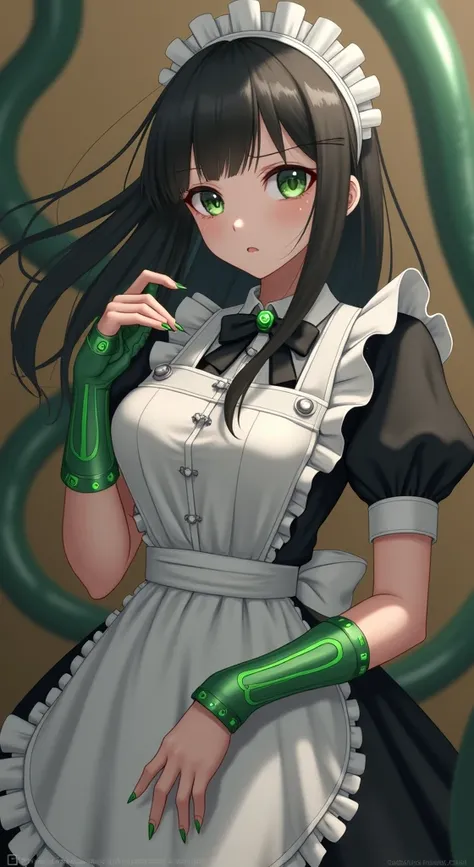  high definition ,  sharp concentration, pixiv masterpiece, (( intricate detail dealing with 3 tentacles)),  very detailed, Yuri Alpha,  1 girl,  black hair, (Green wristband, Green Gauntlets, Cutting Edge,:1.1) Glasses, Green Eyes, Maid,  Single Hair Bang...