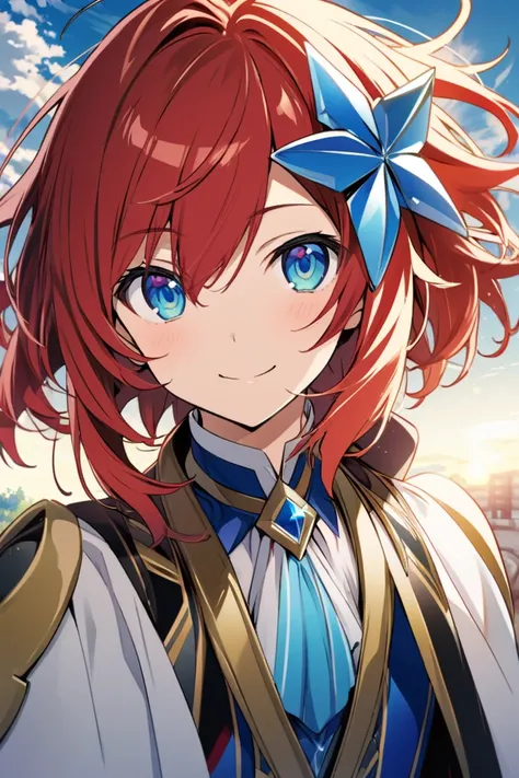 Cale Henituse (AKB0048 Next Stage), short crimson hair, sapphire blue eyes:1.2, noble costume, bangs, smiling gently, ((ultra-detailed)), ((illustration)), (neat hair)), (beautiful detailed eyes), male, 1boy, ((sky)), looking at viewer