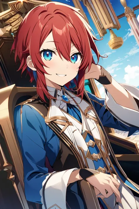 Cale Henituse (AKB0048 Next Stage), short crimson hair, sapphire blue eyes:1.2, noble costume, bangs, smiling gently, ((ultra-detailed)), ((illustration)), (neat hair)), (beautiful detailed eyes), male, 1boy, ((sky)), looking at viewer