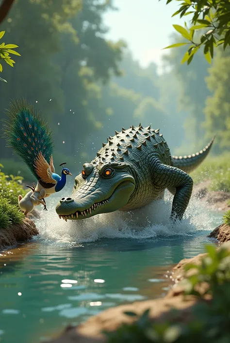 3D style “, Scene 9: Crocodile Escapes
“Peacock aur rabbit milkar crocodile ko wapas talab ki taraf bhaga dete hain, aur khud surakshit ho jate hain.”