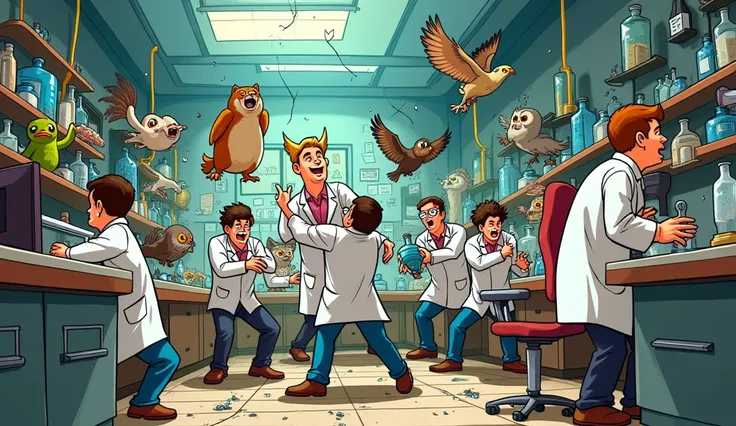 laboratory is full of cats,bulldogs,snakes,owls,birds etc all are  attacking  cartoon lab Workers inside a lab

