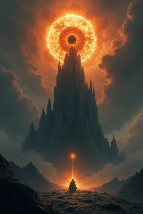 . Prompt 10: "A view of Saurons flaming eye atop the dark tower of Barad-dûr, watching over Middle-earth menacingly."